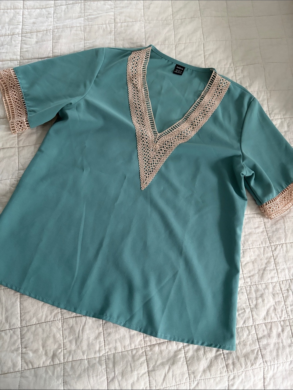 SHEIN Teal V-Neck Top with Cream Crochet Trim